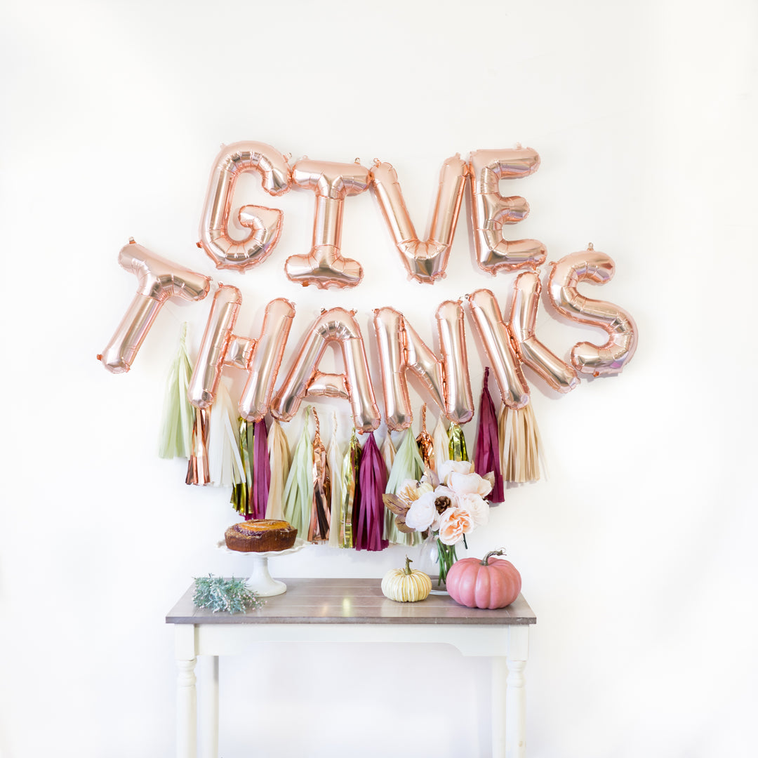 Rose Gold Give Thanks Balloon Banner (w/ Autumn Leaf Tassels)