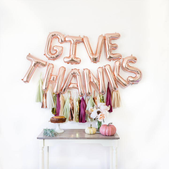 Rose Gold Give Thanks Balloon Banner (w/ Autumn Leaf Tassels)