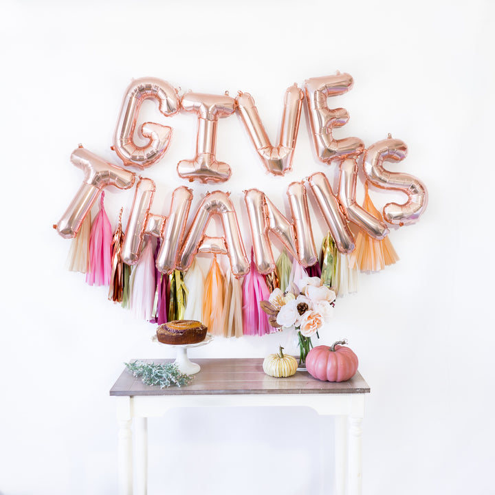 Rose Gold Give Thanks Balloon Banner (w/ Blush Fall Tassels)