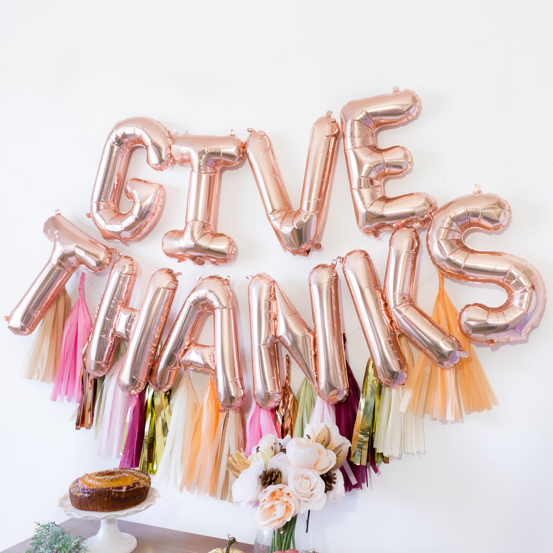 Rose Gold Give Thanks Balloon Banner (w/ Blush Fall Tassels)