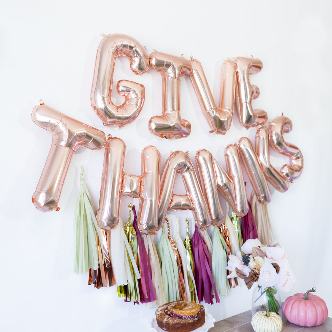 Rose Gold Give Thanks Balloon Banner (w/ Autumn Leaf Tassels)