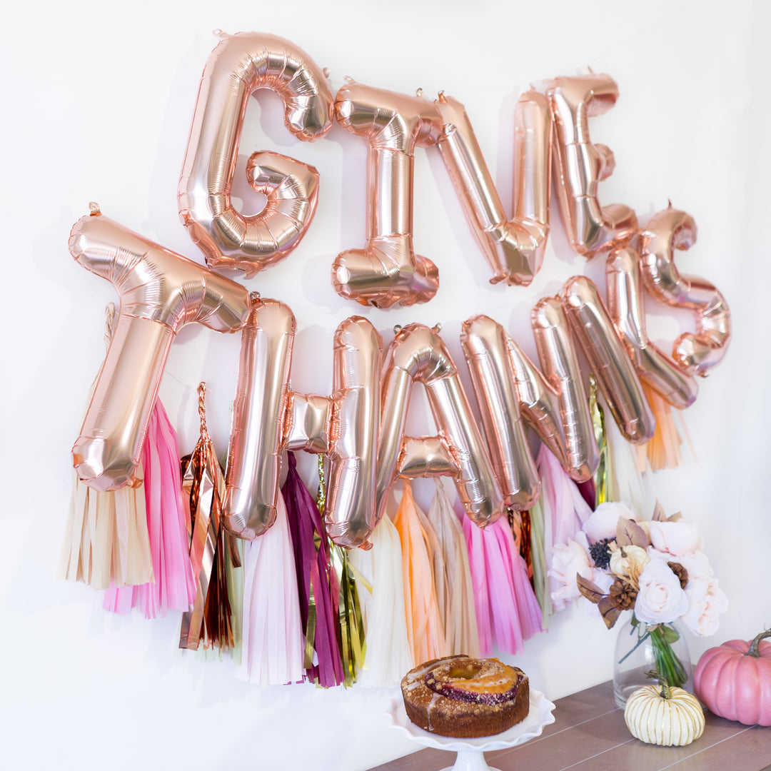 Rose Gold Give Thanks Balloon Banner (w/ Blush Fall Tassels)
