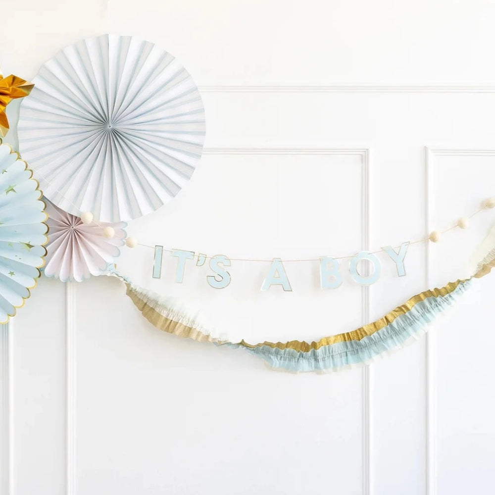 Baby Cream, Blue, Gold Crepe Paper Banner