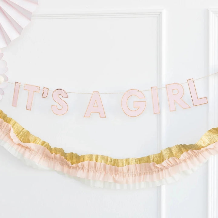 Baby Cream, Pink, and Gold Crepe Paper Banner