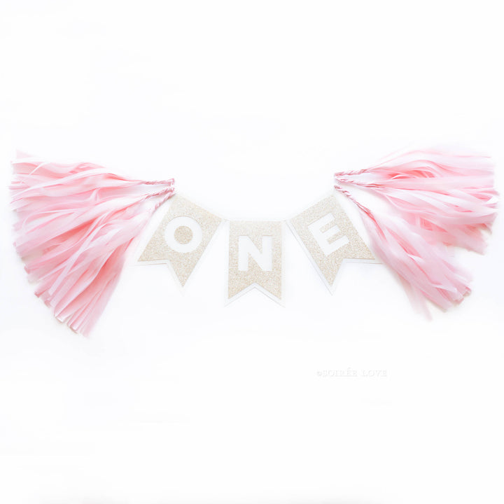 One Highchair Banner w/ Paper Tassels | Pink