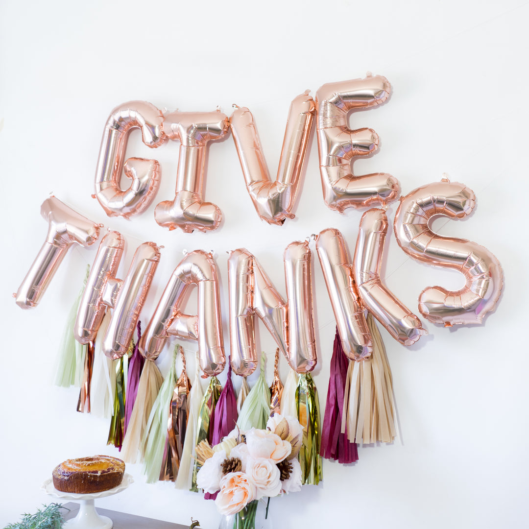 Rose Gold Give Thanks Balloon Banner (w/ Autumn Leaf Tassels)